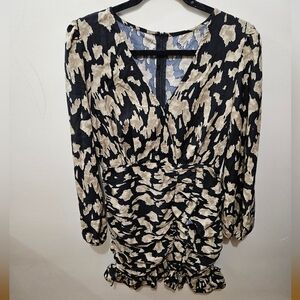 Cupshe Tan Black Pattern Midi Long Sleeve Office Cocktail Party Dress Large